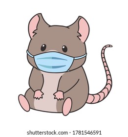 Cute little mouse wearing medical mask. Hand drawn cartoon vector illustration isolated on white.