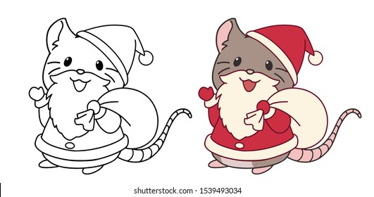 Cute little mouse wearing Santa costume and beard. Contour vector illustration isolated on white background. Can be used for coloring book, greeting cards, sticker, tattoo, shirt, design template.