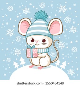 Cute little mouse in a winter hat stands on a snowdrift and holds a gift box in his hand. New Year illustration with a mouse. Christmas picture in cartoon style.
