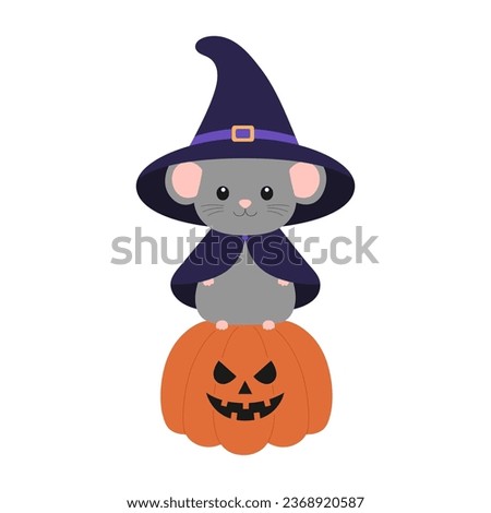 Cute little mouse in witch hat and mantle standing on scary pumpkin. Halloween design with animal. Vector flat illustration for banner, poster, greeting card