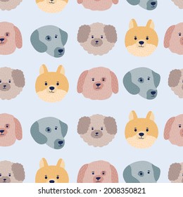 Cute little multicolored purebred dogs rejoice and have fun on a blue background, human friends, flat, puppies, seamless pattern, illustration, pattern, design, graphic, vector