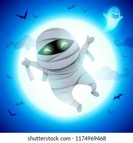 Cute Little Mummy. Kid in Halloween costume jumping in the moonlight.