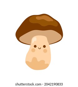 Cute little mushroom flat vector illustration. Funny boletus edulis isolated hand-drawn character. Kawaii cartoon illustration for kids, childish print.