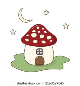 cute little mushroom house, moon and stars, vector