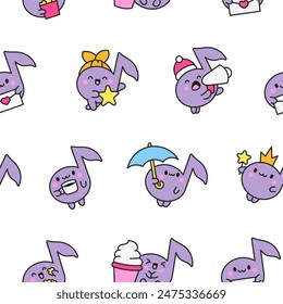 Cute little music note character. Seamless pattern. Funny cartoon element. Hand drawn style. Vector drawing. Design ornaments.