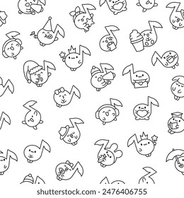 Cute little music note character. Seamless pattern. Coloring Page. Funny cartoon element. Hand drawn style. Vector drawing. Design ornaments.