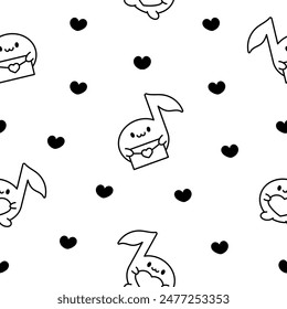 Cute little music note character. Seamless pattern. Coloring Page. Funny cartoon element. Hand drawn style. Vector drawing. Design ornaments.