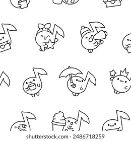 Cute little music note character. Seamless pattern. Coloring Page. Funny cartoon element. Hand drawn style. Vector drawing. Design ornaments.