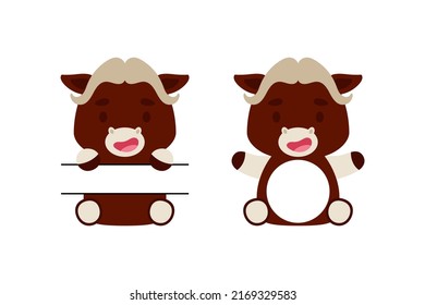 Cute little musk ox split monogram. Funny cartoon character for kids t-shirts, nursery decoration, baby shower, greeting cards, invitations, scrapbooking, home decor. Vector stock illustration