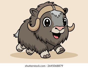 cute little muskox with big eyes  running and and smiling happy 