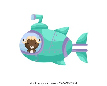 Cute little musk-ox sail on emerald submarine. Cartoon character for childrens book, album, baby shower, greeting card, party invitation, house interior. Vector stock illustration.