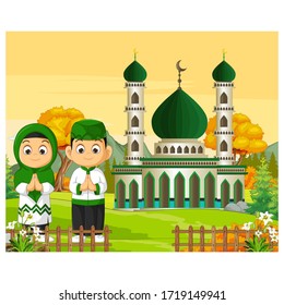 Cute Little Muslim Couple Kid in Front of Mosque Buildings Cartoon Vector Illustration Isolated