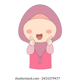 Cute little Muslim girl wearing red shirt for social media sticker emoji subscribe follow like perfect emoticon on white background.