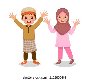 cute little muslim islamic kids boy and girl waving hands showing welcoming greeting celebrating Ramadhan
