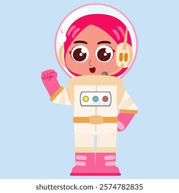 Cute little Muslim kid astronaut in a space suit, floating in space with planets and stars. Perfect for kids' content and education