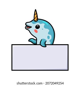 Cute little narwhal cartoon with blank sign