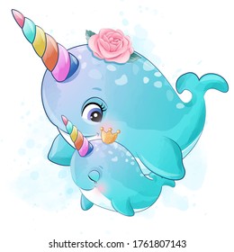 Cute little narwhal mother and baby illustration