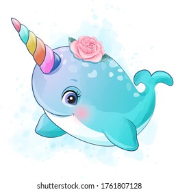 Cute little narwhal with watercolor illustration