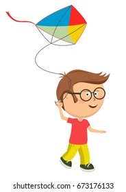 Cute little nerd boy with glasses playing with colorful kite