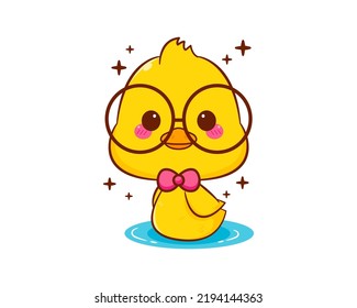 Cute little nerd duck swimming with glasses cartoon character isolated white background. Vector art illustration