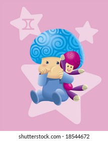 A cute little new born baby with horoscope Gemini costume and a pink color doll.