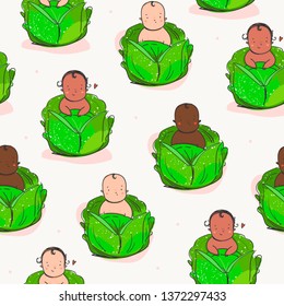 Cute little newborn babies in a cabbage. Various nationalities. Different races. Hand drawn vector seamless pattern