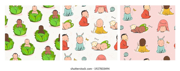 Cute little newborn babies in a cabbage. Kids in different poses. Various nationalities. Different races. Hand drawn vector seamless patterns. Set of three Colorful trendy illustrations