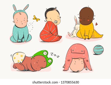 Cute Little Newborn Babies In Various Poses. Various Nationalities. Different Races. Hand Drawn Vector Set. Colorful Trendy Illustration. All Elements Are Isolated