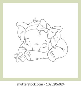 Cute little newborn baby elephant girl sleeping. Cartoon character of baby girl of 1 - 6 months old, with pacifier. Happy smiling toddler.  Monochrome sketchy style vector illustration.