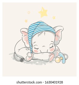 Cute little newborn baby elephant boy sleeping. Cartoon character of baby boy of 1 - 6 months, with pacifier, wearing blue hat. Happy  healthy child. Pastels colors vector illustration.