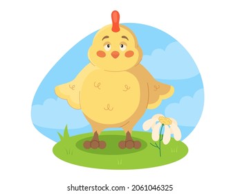 Cute little newborn chick on a green meadow in cartoon style. Chick learns to fly isolated vector illustration. Yellow child bird animal.