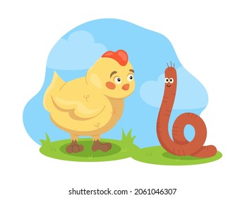 Cute little newborn chick with worm on a meadow. Isolated vector illustration of a chubby chick meets a worm. Yellow child bird animal.
