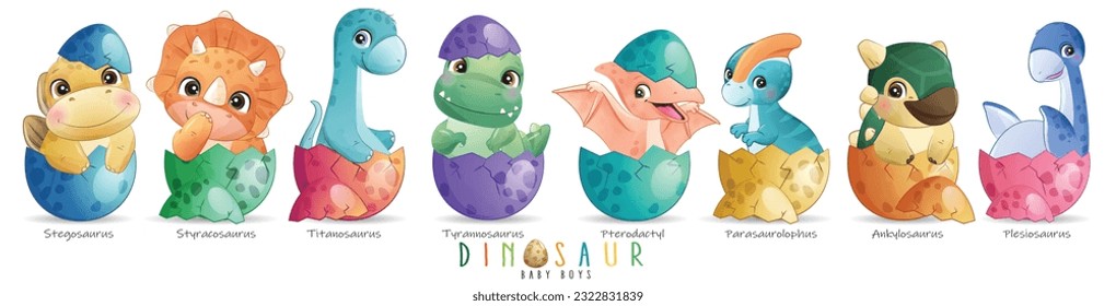 Pequeños amigos de dinosaurios recién nacidos con una ilustración de acuarela