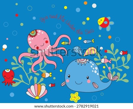 Cute little octopus and friendly dolphin swimming near coral reefs, marine ocean theme vector for baby garments.