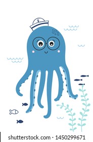 Cute little octopus with glasses. Childish print for nursery. Sweet sea animal. Vector.