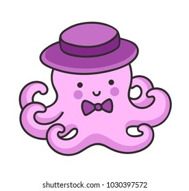 Cute little octopus in a hat, with bow-tie. Cartoon character. Vector illustration.