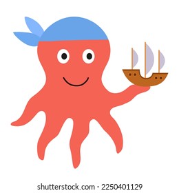 Cute little octopus playing, holding a sea ship in his hand or tentacle. Illustration of a kraken in a children's flat style, pirates and sea adventures concept. Vector graphics