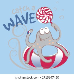 Cute little octopus vector character illustration. Catch a wave collection