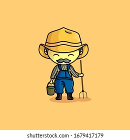 Cute Little Old Farmer after Gardening with Pitchfork and bucket