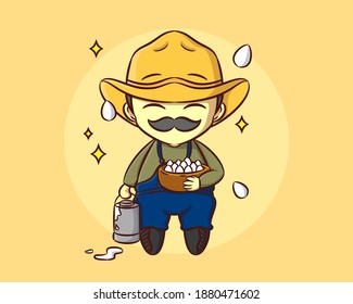 Cute Little Old Farmer bring lots of eggs and milk