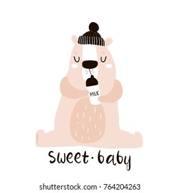 Cute little one bear drink milk print. Childish illustration for nursery, apparel, card, baby shower. Creative kids design