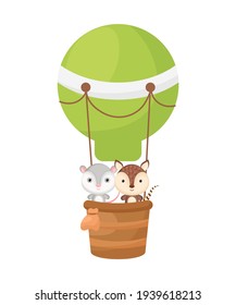 Cute little opossum, armadillo fly on green hot air balloon. Cartoon character for childrens book, album, baby shower, greeting card, party invitation, house interior. Vector stock illustration.