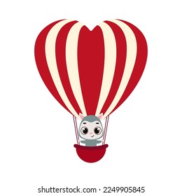 Cute little opossum fly on heart hot air balloon. Cartoon animal character for kids cards, baby shower, invitation, poster, t-shirt composition, house interior. Vector stock illustration