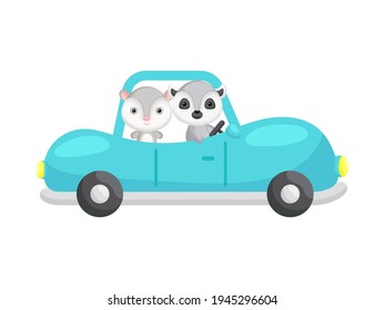 Cute little opossum and lemur driving turquoise car. Cartoon character for childrens book, album, baby shower, greeting card, party invitation, house interior. Vector stock illustration.