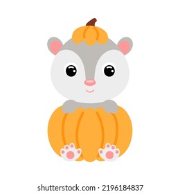 Cute little opossum sitting in a pumpkin. Cartoon animal character for kids t-shirts, nursery decoration, baby shower, greeting card, invitation. Vector stock illustration