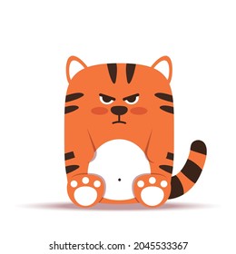 Cute little orange tiger cat in a flat style. The animal sits angry and gloomy. The symbol of the Chinese New Year 2022. For banner, nursery, decor. Vector hand drawn illustration