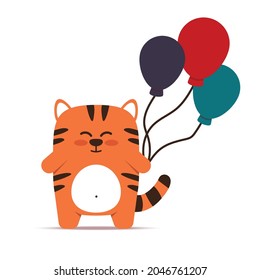 Cute little orange tiger cat in a flat style. An animal with balloons is standing. Happy birthday and holiday greetings. For banner, nursery, decor. Vector hand drawn illustration