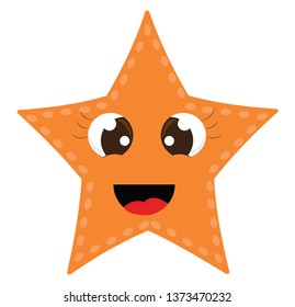 Una linda estrella marina de color anaranjado de cinco puntas tiene hermosas pestañas y se ríe de dibujos de color vectorial o ilustración 