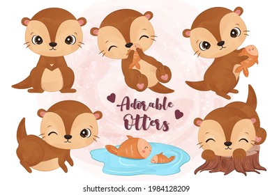 Cute little otters in set in watercolor illustration