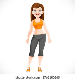 Cute a little overweight girll in the process of losing weight in a tracksuit isolated on white background